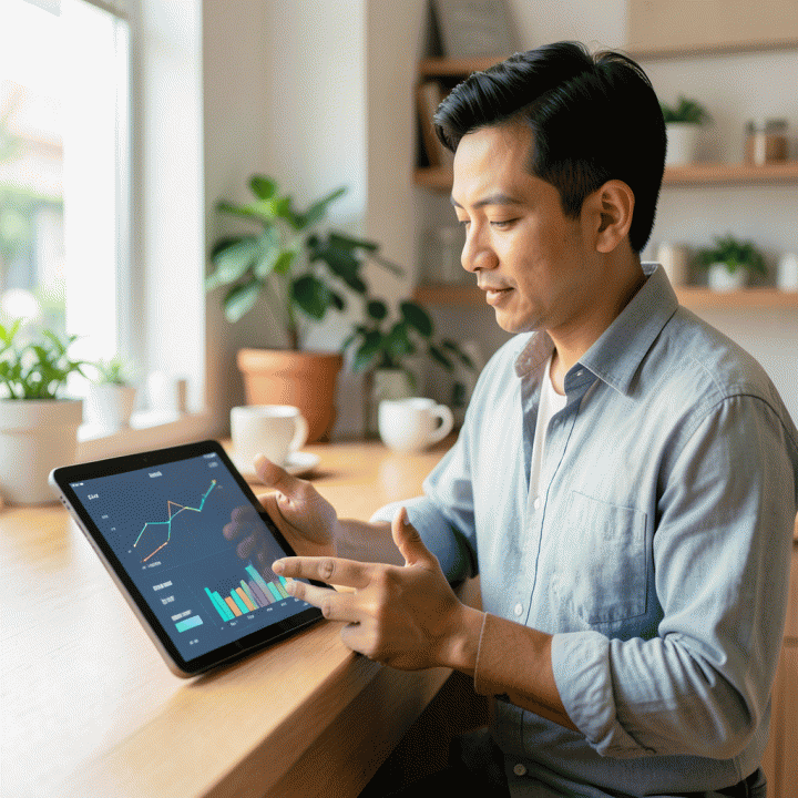 Pemilik UMKM Indonesia yang sukses menggunakan tablet digital di ruang kerjanya, menunjukkan grafik keuangan yang jelas dan strategis, melambangkan penentuan harga jual yang akurat.