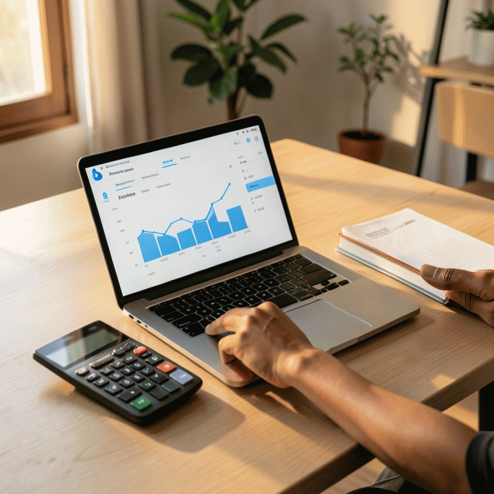 Panduan visualisasi perhitungan keuangan bisnis UMKM di meja kerja modern, menampilkan laptop dengan dashboard abstrak dan alat bantu perhitungan.