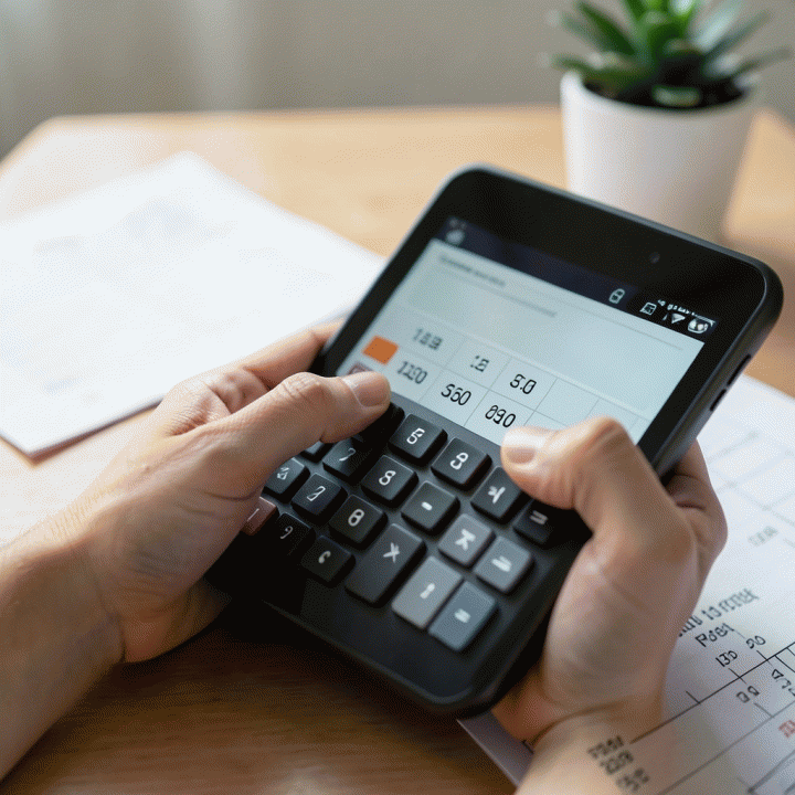 Penggunaan kalkulator digital untuk menghitung Harga Pokok Penjualan (HPP) secara akurat.