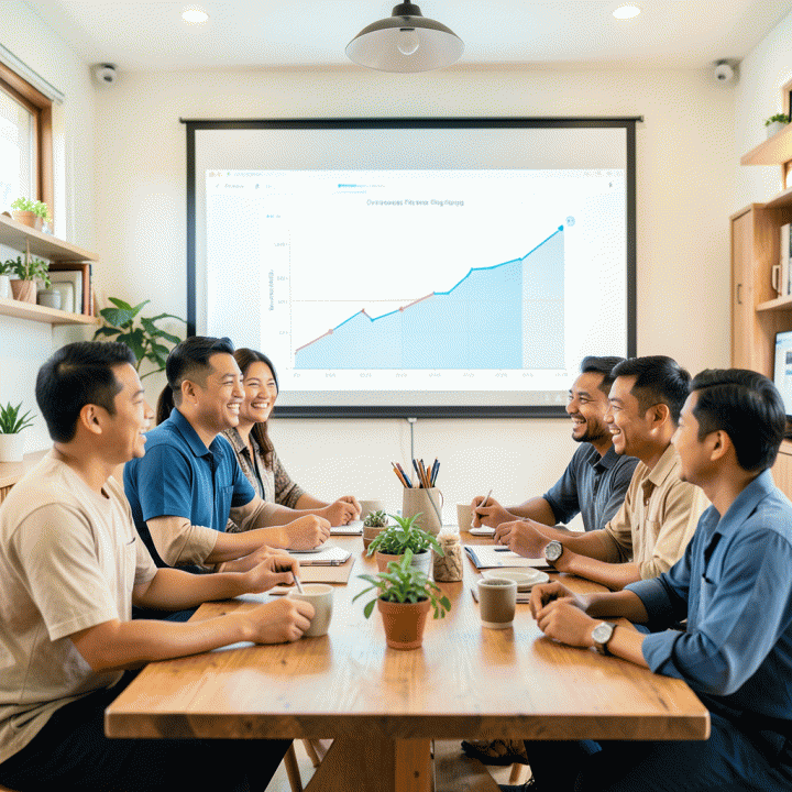 Diskusi kelompok pemilik UMKM yang sedang menentukan strategi harga jual optimal berdasarkan analisis keuangan.