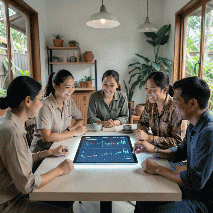 Sekelompok pemilik UMKM Indonesia yang sedang berdiskusi di sekitar tampilan digital yang menampilkan grafik dan strategi penetapan harga, melambangkan perencanaan bisnis yang cerdas.