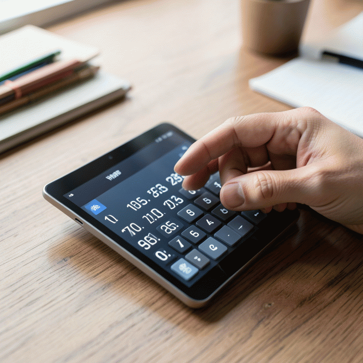 Tangan yang menggunakan kalkulator digital untuk menghitung Harga Pokok Penjualan (HPP) dengan akurat.