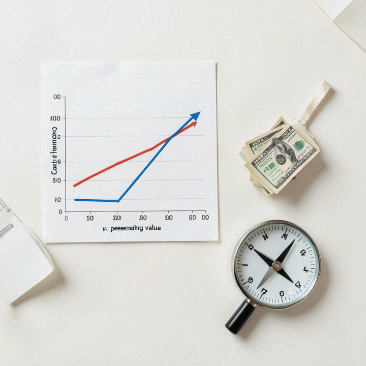 Tampilan flat lay yang berisi simbol-simbol strategi penetapan harga, seperti grafik, uang, dan alat analisis, di atas meja kerja yang rapi.