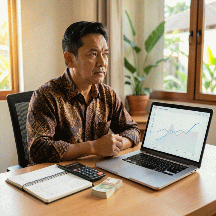 Pemilik UMKM Indonesia yang percaya diri di meja kerjanya, dikelilingi oleh alat hitung dan dashboard keuangan yang menunjukkan pertumbuhan bisnis yang optimal.