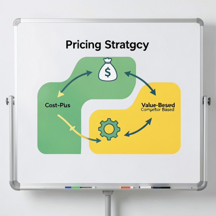 Diagram visual yang menjelaskan berbagai strategi penentuan harga jual (pricing strategy) untuk memaksimalkan keuntungan UMKM.