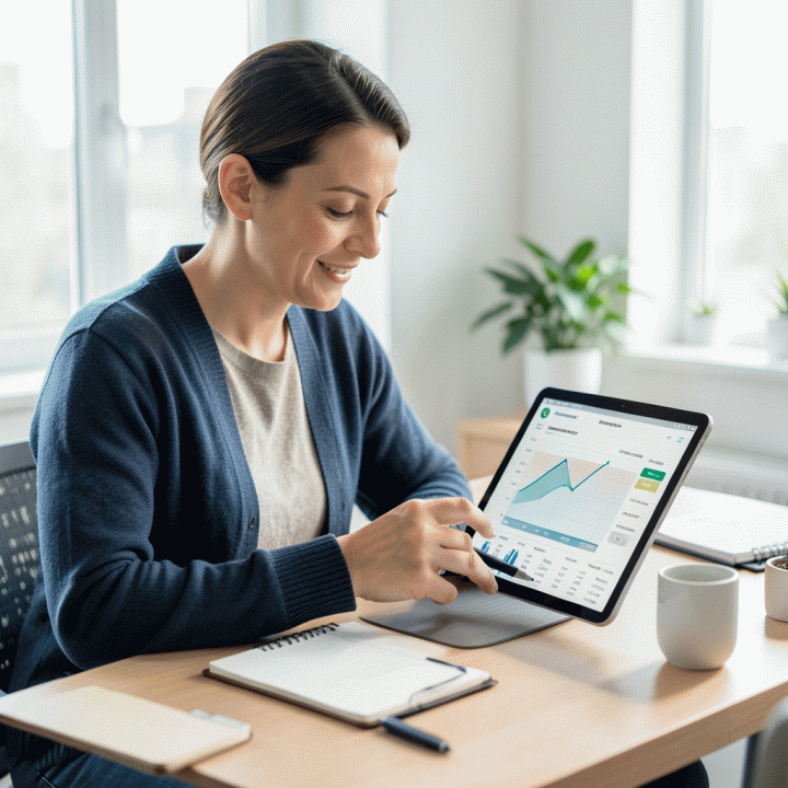 Small business owner analyzing profit margin calculation on a tablet, symbolizing accurate pricing strategy for UMKM.