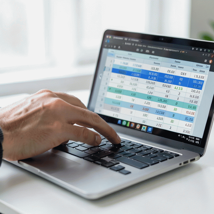 Tangan yang sedang memasukkan biaya bahan baku dan biaya operasional ke dalam spreadsheet digital.