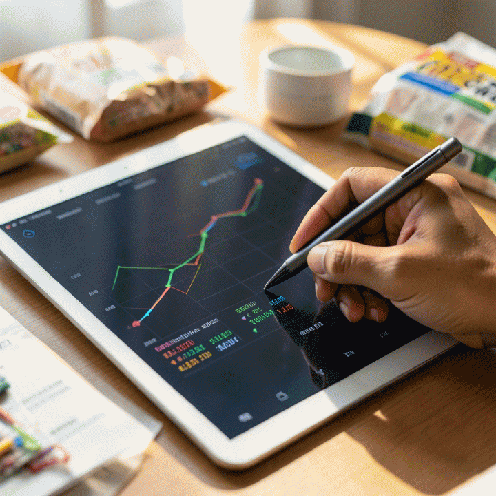 Tangan yang sedang menganalisis data keuangan dan menghitung HPP menggunakan tablet di samping produk fisik.