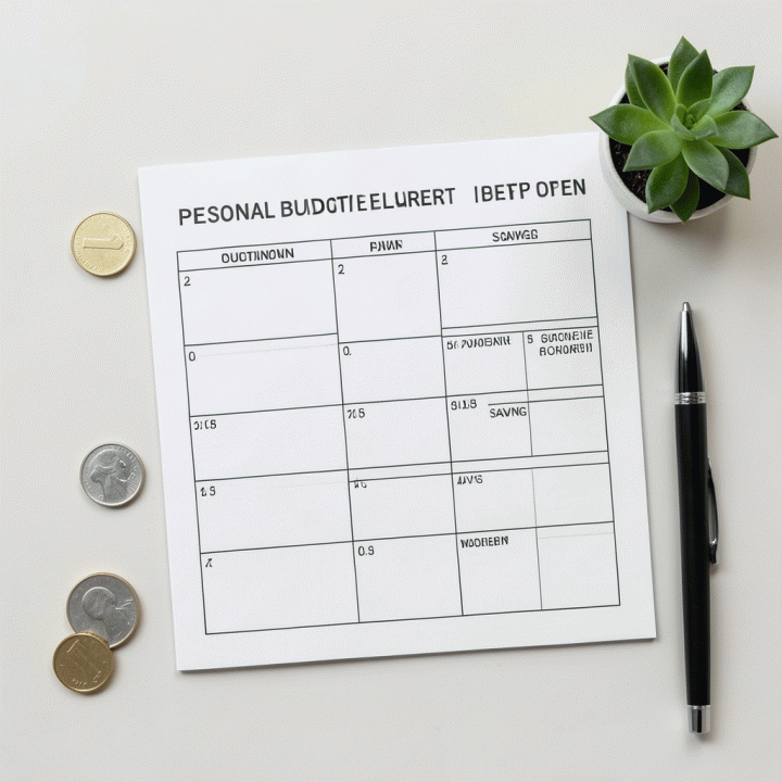 Komposisi flat lay yang memperlihatkan template perencanaan anggaran, koin tabungan, dan alat tulis, melambangkan perencanaan keuangan yang terstruktur.