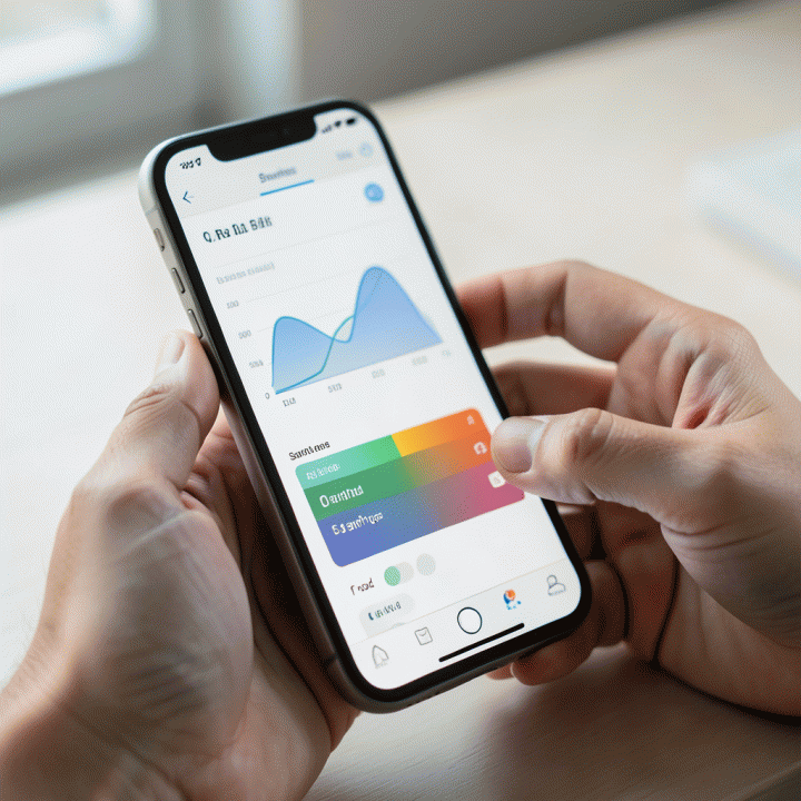 Tangan sedang melacak pengeluaran di aplikasi budgeting di smartphone, menunjukkan proses pelacakan yang terstruktur.