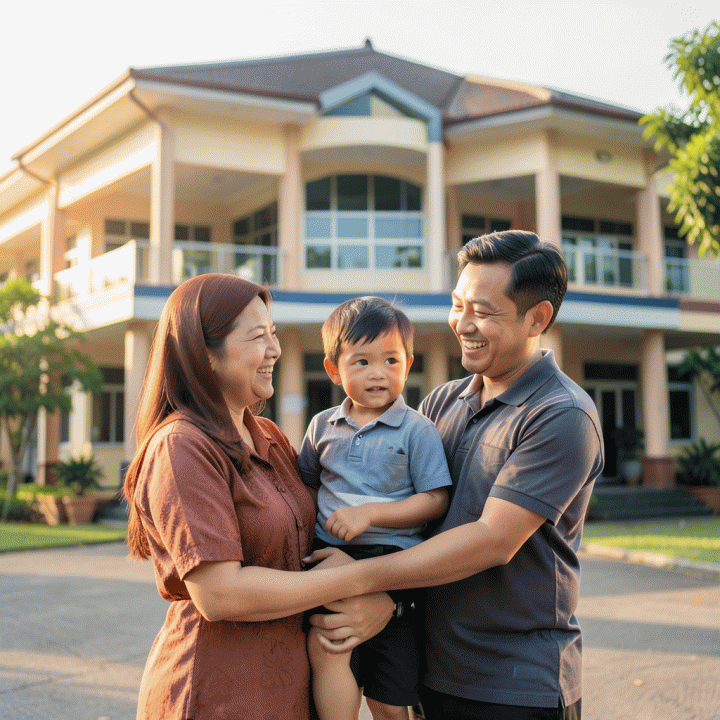 Ibu dan ayah Indonesia yang tersenyum bahagia saat bersama anak mereka di depan sekolah dasar untuk perencanaan dana pendidikan.