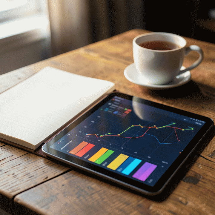 Tampilan grafik keuangan berwarna di tablet untuk mencatat pengeluaran sekolah.