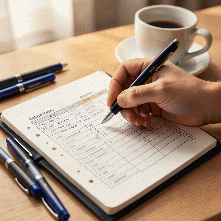 Hand writing a detailed budget plan and tracking expenses for financial management.