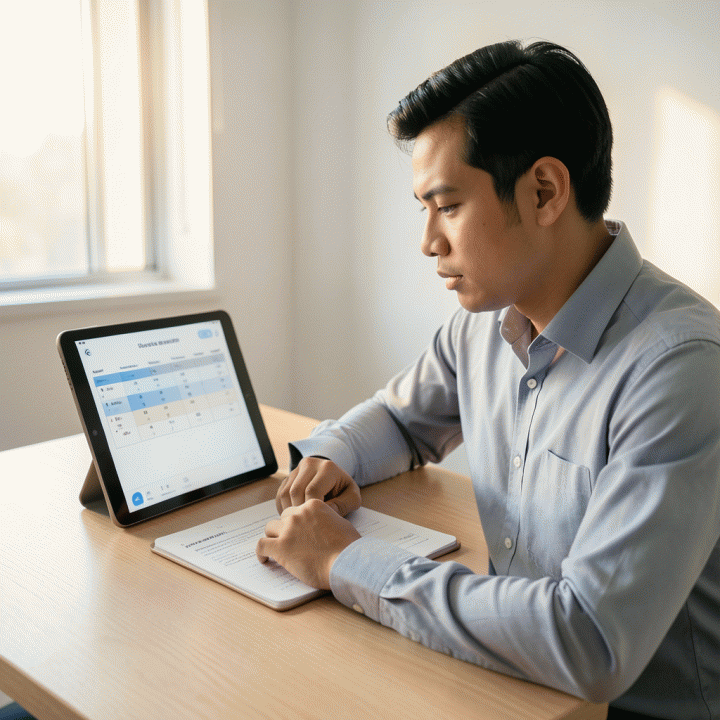 Indonesian professional smartly managing personal finances with a budget chart on a tablet.