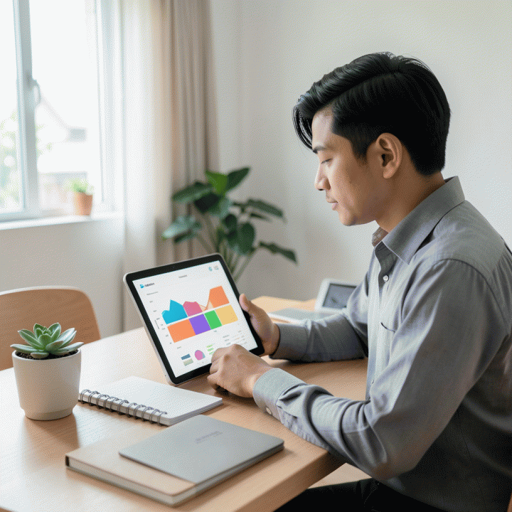 Seorang profesional muda Indonesia di meja kerja minimalis sedang meninjau rencana keuangan di tablet, melambangkan perencanaan anggaran dan mencapai tujuan finansial.