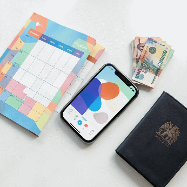 Flat lay estetis berisi planner keuangan, smartphone, dan uang tunai yang menunjukkan proses budgeting dan perencanaan.