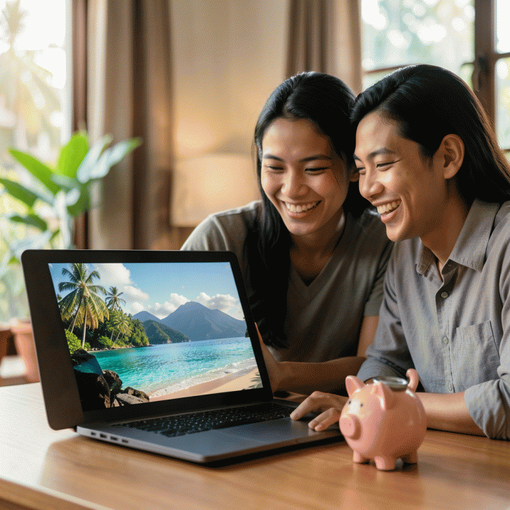 Pasangan muda Indonesia tersenyum bahagia melihat foto liburan impian di laptop, melambangkan pencapaian tujuan tabungan.
