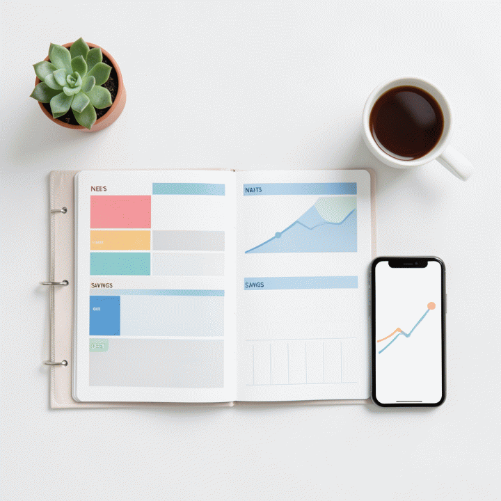 Tampilan atas (flat lay) dari template perencanaan anggaran yang terstruktur, menunjukkan alokasi dana yang rapi dengan visualisasi yang bersih dan modern.