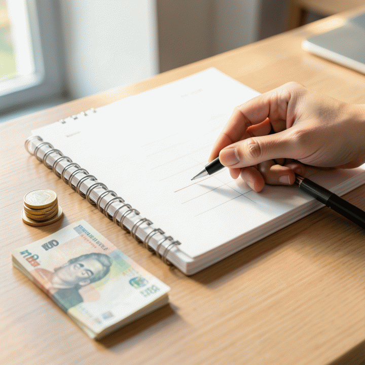 Tangan sedang menata buku perencanaan keuangan (budgeting planner) yang rapi dan modern di atas meja kerja, melambangkan pengelolaan keuangan yang terstruktur dan terkendali.