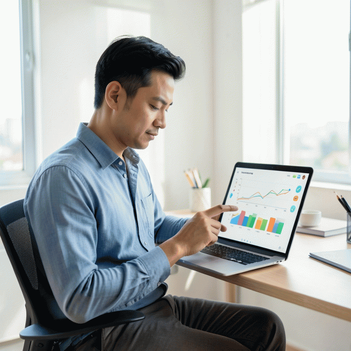 Seorang profesional Indonesia sedang fokus menggunakan tablet untuk meninjau dashboard keuangan abstrak, menunjukkan proses pengontrolan dan optimalisasi anggaran.