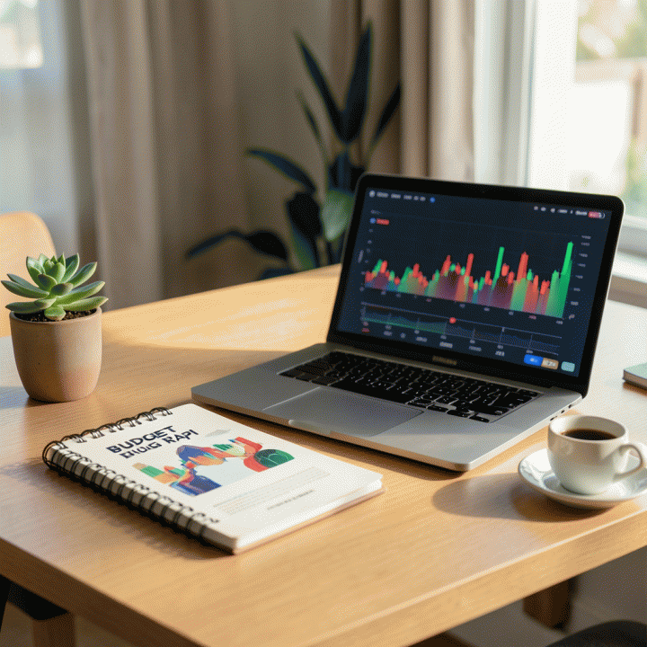 Tampilan meja kerja yang rapi dengan buku perencanaan keuangan dan laptop menampilkan grafik keuangan abstrak, melambangkan pengelolaan anggaran bulanan yang terstruktur.