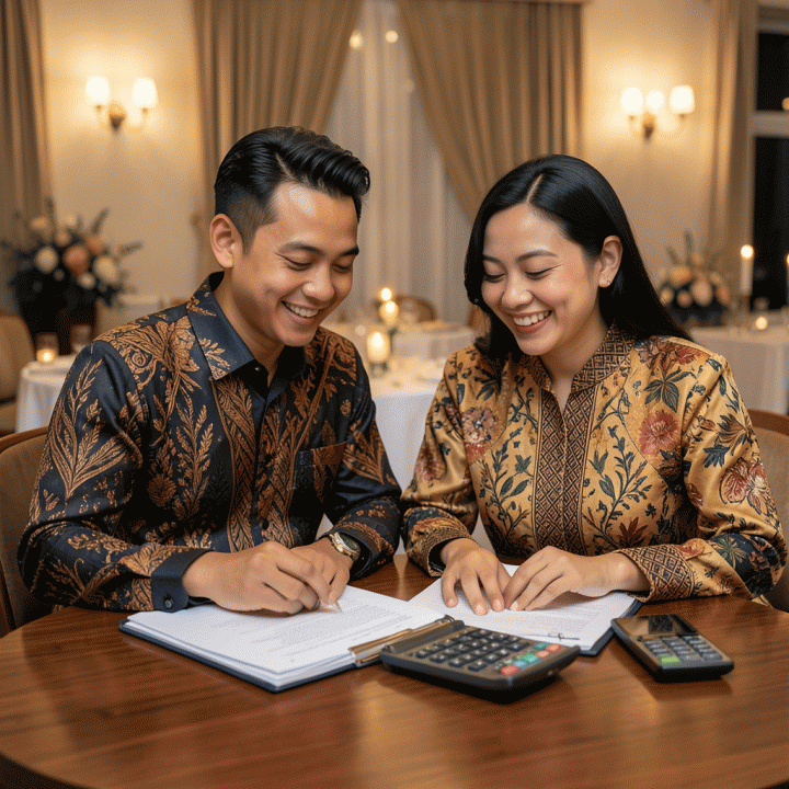 Pasangan pengantin yang sedang merencanakan anggaran pernikahan dengan tenang dan bahagia.