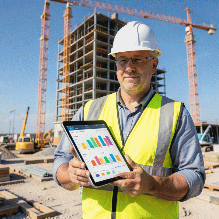 Seorang manajer konstruksi profesional mengenakan helm proyek dan rompi pelindung sedang memegang tablet yang menampilkan grafik data di lokasi konstruksi aktif.