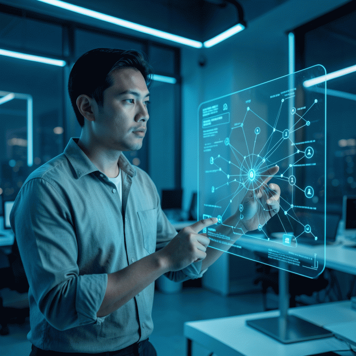 Seorang profesional Indonesia berinteraksi dengan antarmuka holografik canggih yang menampilkan peta perjalanan pengguna dan data terstruktur, melambangkan penggunaan AI untuk perencanaan strategis.