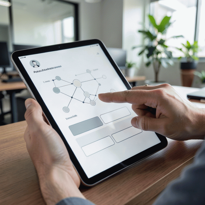 Tangan profesional berinteraksi dengan tablet digital yang menampilkan profil persona pengguna yang terstruktur dan abstrak.