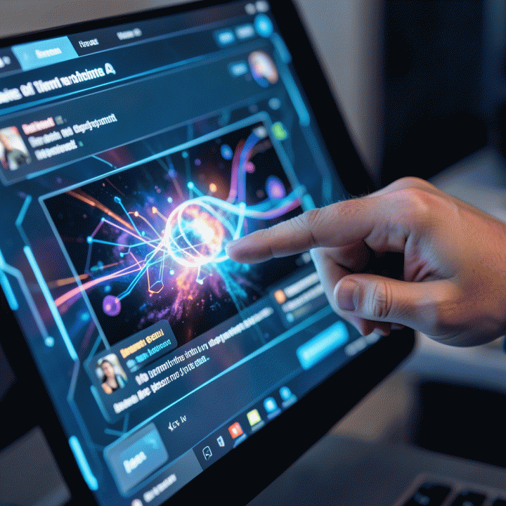 Tangan seorang content creator berinteraksi dengan antarmuka AI futuristik untuk membuat thumbnail video secara otomatis.