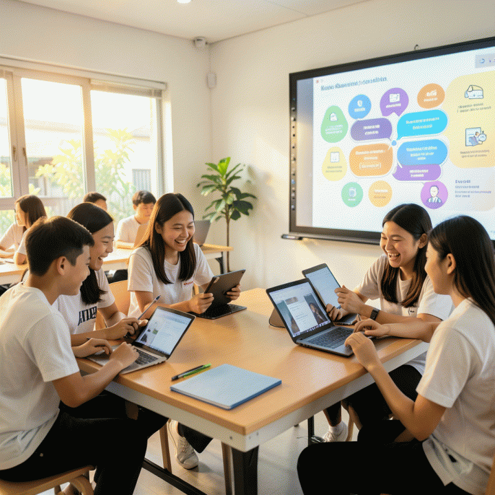 Ilustrasi fotorealistik suasana kelas yang interaktif dan ceria di mana sekelompok siswa remaja terlibat aktif dalam kegiatan kuis atau pembelajaran teknologi, menunjukkan penggunaan Quizizz untuk pendidikan yang menyenangkan.