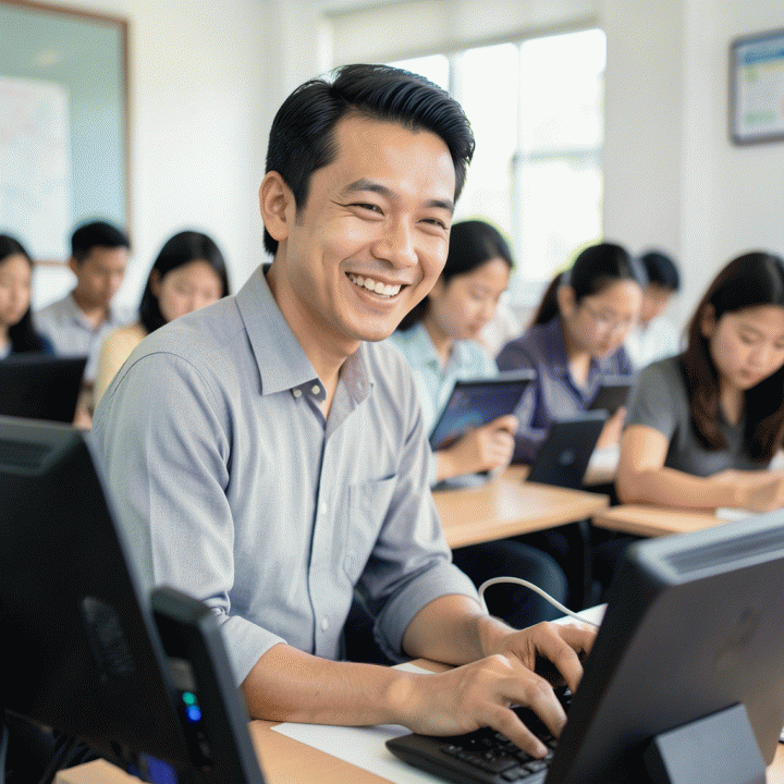 Seorang guru Indonesia yang tampak percaya diri dan bahagia menggunakan teknologi interaktif di dalam kelas, menyiratkan kemudahan pengajaran modern.