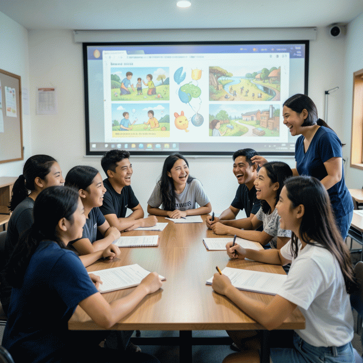 Suasana kelas interaktif di Indonesia dengan siswa yang bersemangat mengikuti kuis edukasi digital bersama guru.
