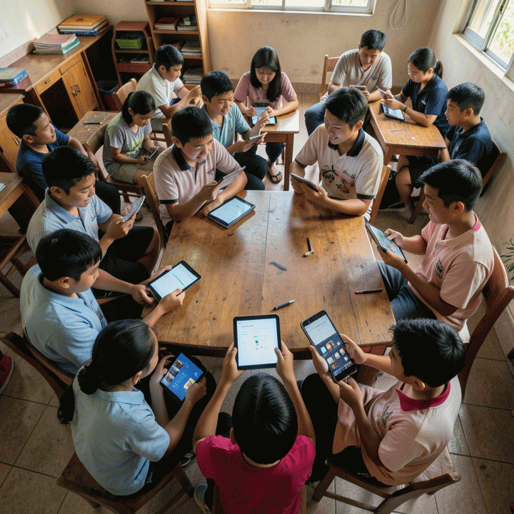 Siswa-siswi Indonesia berpartisipasi dalam kuis kelompok secara serentak menggunakan perangkat digital di kelas.