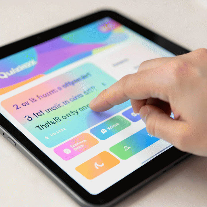 Tangan siswa yang berinteraksi dengan antarmuka kuis interaktif di tablet.
