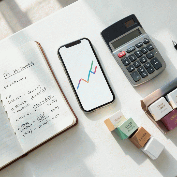 Tata letak flat lay peralatan bisnis (kalkulator, buku, smartphone) yang digunakan untuk menghitung dan menganalisis biaya produksi dan harga jual.