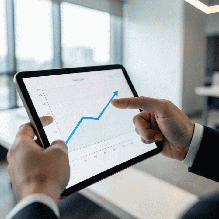 Tangan seorang pemilik bisnis menunjuk pada grafik keuntungan yang meningkat di layar digital, melambangkan penentuan harga jual yang optimal.