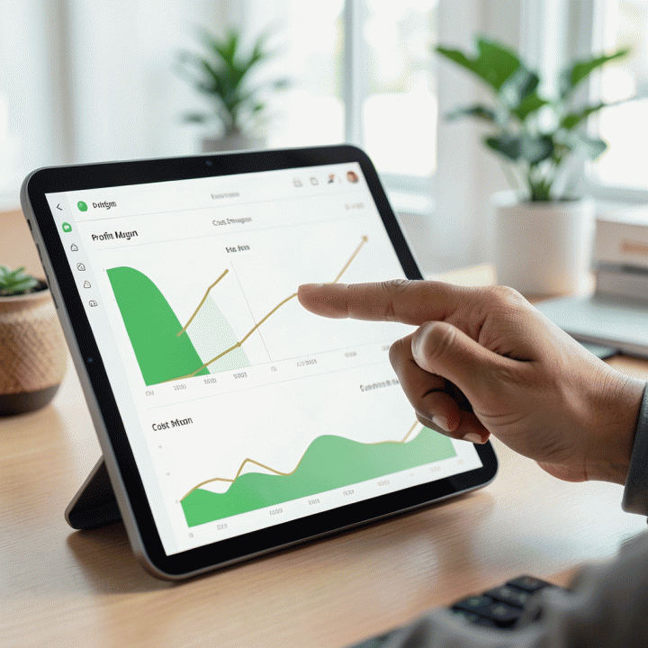 Tangan menunjuk pada grafik profit margin yang optimal di dashboard keuangan digital, melambangkan penentuan harga jual yang akurat.
