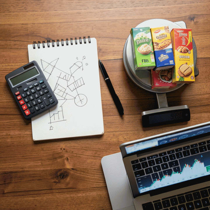 Komposisi flat lay alat bisnis penting seperti kalkulator, catatan, timbangan digital, dan produk UMKM di atas meja kayu, melambangkan proses penentuan harga jual yang terstruktur.