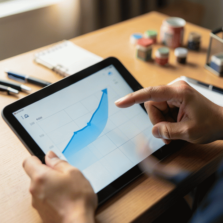 Tangan pemilik bisnis menunjuk grafik profit margin yang meningkat di layar tablet, menunjukkan keberhasilan penetapan harga jual yang optimal.