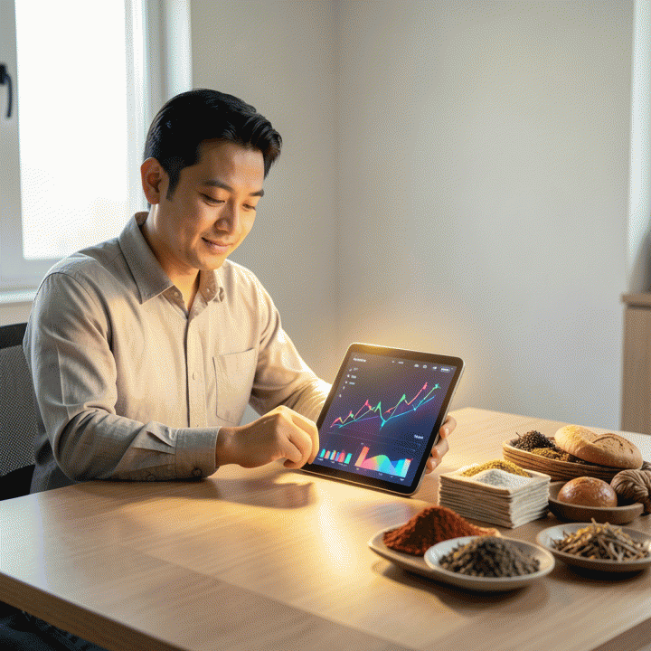 Pemilik UMKM Indonesia yang percaya diri di meja kerja modern, menganalisis data keuangan di tablet, dikelilingi produk dagangan, melambangkan perhitungan harga jual optimal.