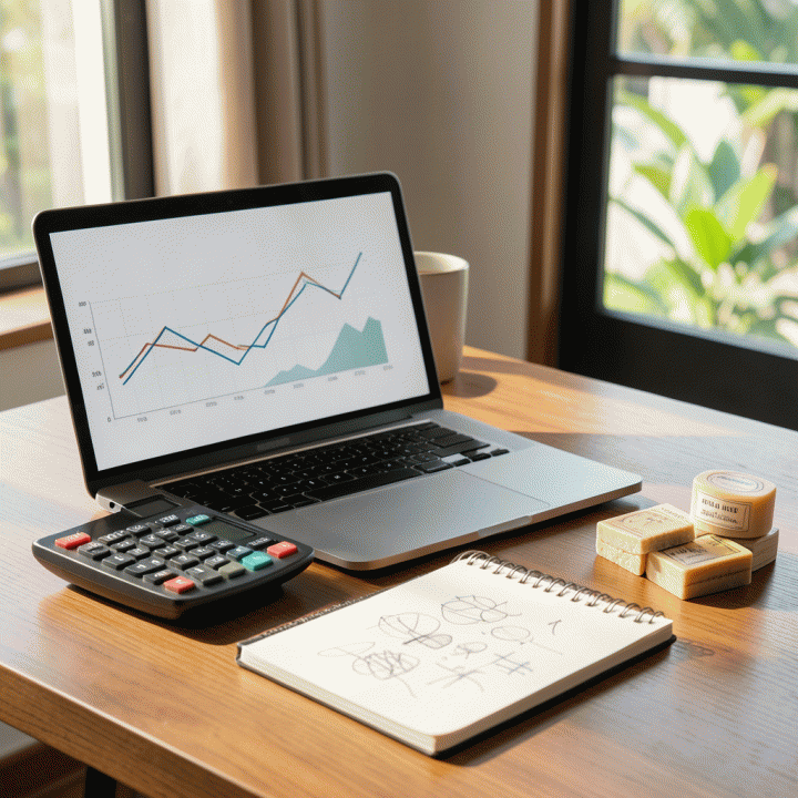 Tampilan photorealistic meja kerja profesional dengan peralatan bisnis (laptop menampilkan grafik keuangan abstrak, kalkulator, buku catatan) yang menunjukkan proses perencanaan harga jual dan perhitungan HPP untuk UMKM.