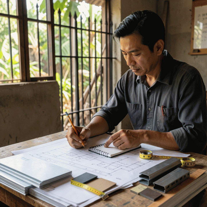 Seorang kontraktor atau manajer proyek sedang menghitung estimasi biaya pagar besi di atas meja blueprint dengan alat ukur dan material besi sebagai referensi, menunjukkan proses perhitungan yang akurat.