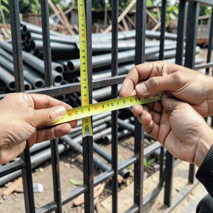 Tangan menggunakan meteran untuk mengukur material pagar besi dengan teliti di lokasi konstruksi.
