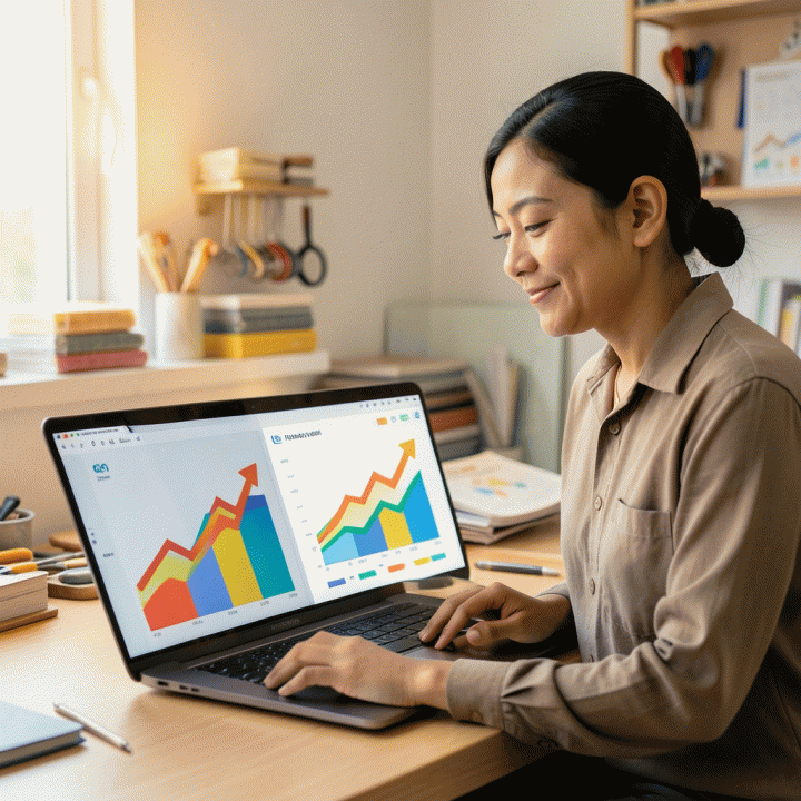 Seorang pemilik UMKM Indonesia yang tampak percaya diri di ruang kerjanya, menatap layar laptop yang menampilkan grafik keuangan abstrak yang menunjukkan peningkatan keuntungan, melambangkan perhitungan HPP yang akurat.