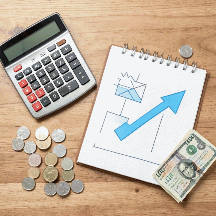 Tampilan atas (flat lay) dari berbagai alat keuangan seperti kalkulator, buku catatan, dan grafik yang menunjukkan proses penentuan harga jual optimal untuk memaksimalkan keuntungan.
