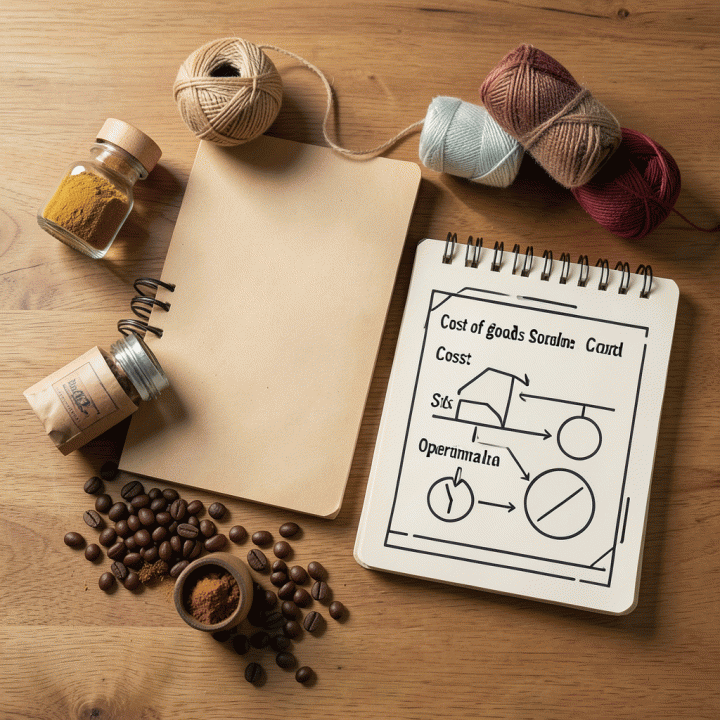 Tata letak flat lay bahan baku usaha kecil dan buku catatan akuntansi, melambangkan perhitungan biaya operasional dan HPP.