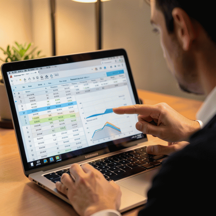 Business owner analyzing cost breakdown and profit margin on a laptop.