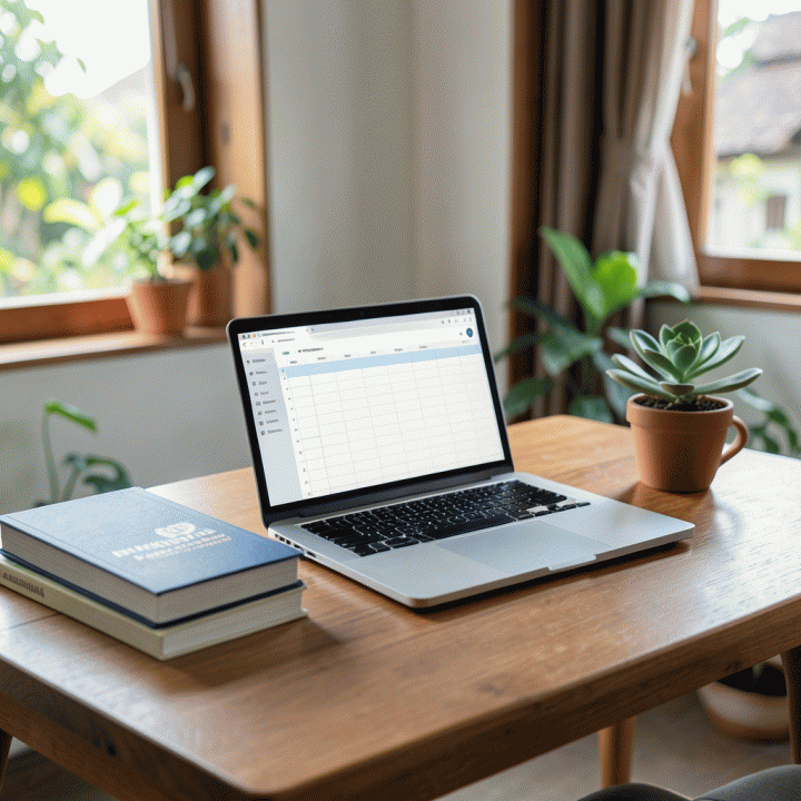 Foto meja kerja UMKM yang rapi dengan laptop terbuka, buku keuangan, dan aksesoris, melambangkan perencanaan bisnis keuangan yang matang dan optimal.