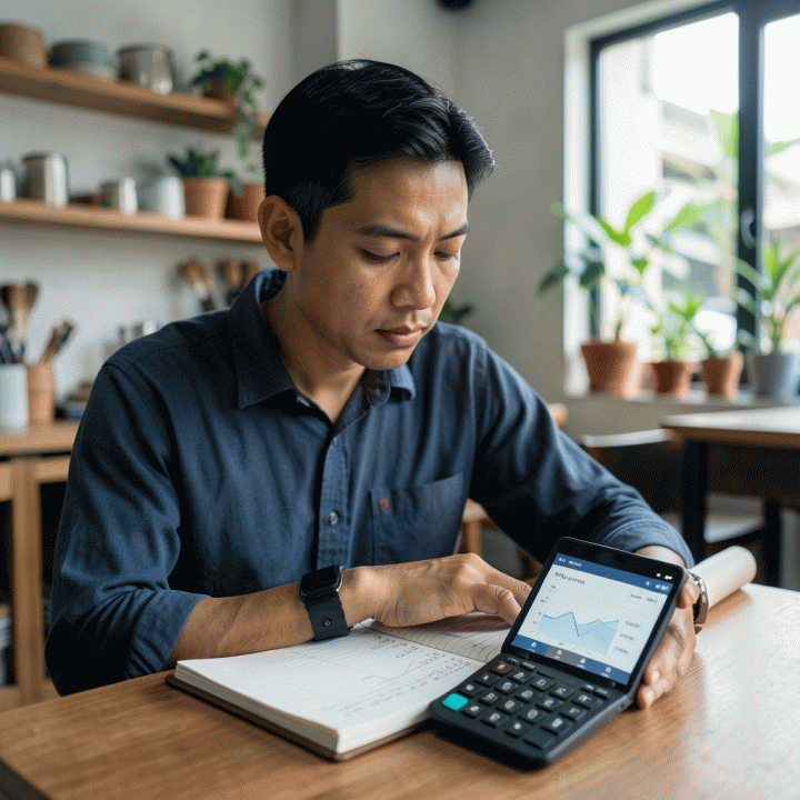 Seorang pemilik UMKM Indonesia sedang menganalisis perhitungan keuangan di meja kerja, melambangkan proses menentukan harga jual yang optimal dan akurat.
